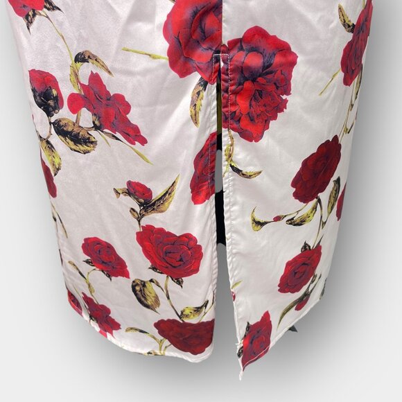 Retro Stage Rose Wiggle Dress Ivory Red Floral Pin‑Up 1950s M Midi - Picture 8 of 11